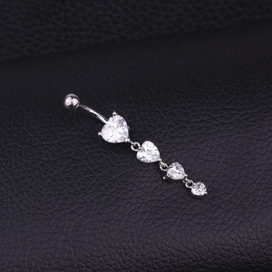 Silver heart zircon tassel belly button ring made of stainless steel on black leather