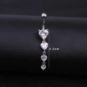 Silver belly button ring featuring four dangling heart-shaped zircons in a 3.2cm drop