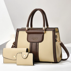 Three-piece beige and brown faux leather tote bag set with detachable shoulder strap