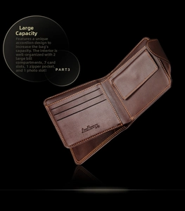 Detailed view of dark brown leather wallet interior with card slots and coin pocket