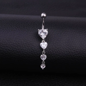Silver stainless steel belly ring with four linear heart-shaped cubic zirconia crystals