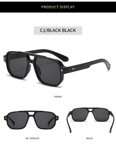 Three-way view of square pilot sunglasses in black with gold rivet accents on white background
