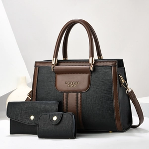 Women Tote Handbag And Long Wallet And Card Holder PU Leather Lychee Grain Contrast Color Elegant Shoulder Crossbody Bag