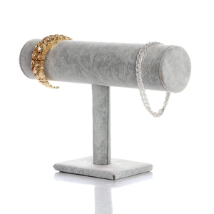 Single tier gray velvet T-bar jewelry display stand for bracelets and watches
