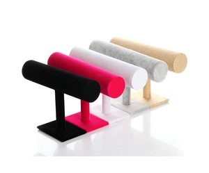 Various velvet and linen T-bar jewelry displays for bracelets and watches in five colors
