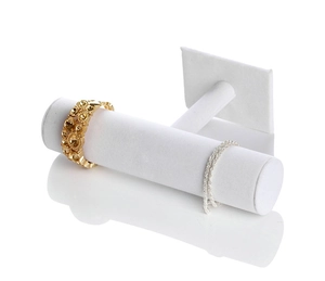 Detail of single-tier white velvet T-bar jewelry display stand for bracelets and watches