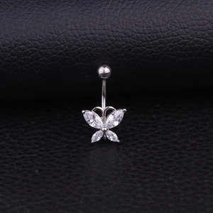 Silver butterfly belly button ring with sparkling zircons on black leather background