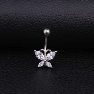 Silver butterfly navel ring with sparkling cubic zirconia on black leather background