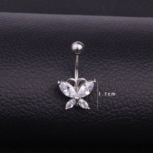 Detail view of silver butterfly belly ring with sparkling zircon and 1.1cm width marking
