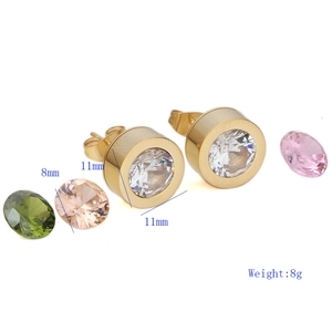 Detail view of 11mm gold stainless steel earrings with interchangeable 8mm zircons