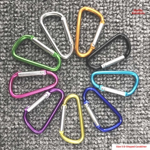 Top-down view of No. 5 D-shaped aluminum alloy carabiners in nine assorted vibrant colors