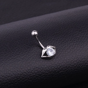 Silver stainless steel lip-shaped belly button ring with sparkling zircon stone