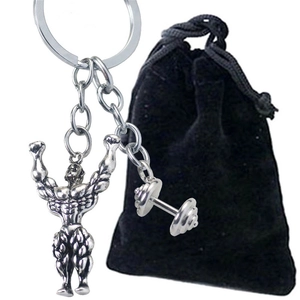 Silver metal bodybuilding muscle man keychain with mini dumbbell and black velvet pouch
