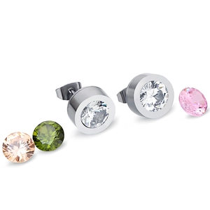 11mm stainless steel earrings with interchangeable round zircon stones in multiple colors