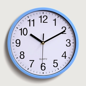 Minimalist 10-inch light blue round plastic wall clock with white quartz dial