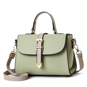 Sac à main chic en cuir vert clair avec poignées beiges et détails dorés élégants