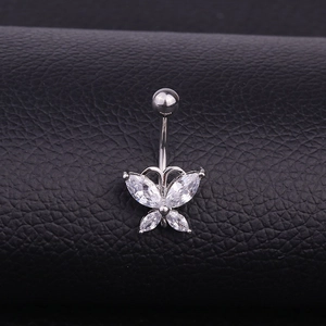 Butterfly Belly Ring Stainless Steel Navel Barbell Piercing Jewelry With Shiny Zircon Inlaid Elegant Body Ornament