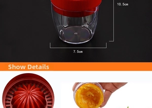 Mini manual fruit juicer with red press head and clear plastic juice collection cup