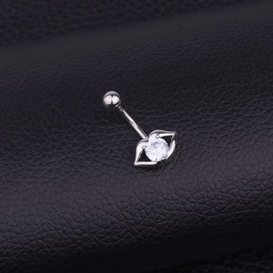 Polished stainless steel belly button ring with a lip design and cubic zirconia on black leather