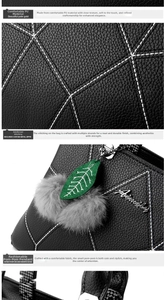 Detail of black PU leather bag with white geometric stitching and decorative charms