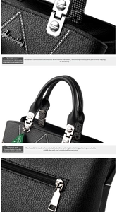 Detailed views of black crossbody bag featuring silver hardware and durable stitching