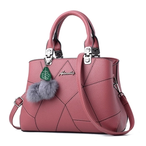 Women Handbag Lychee Grain PU Leather Geometric Stitching Shoulder Bag With Plush Fur Ball Charm Retro Top Handle Tote