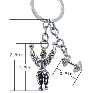 Keyring dimensions showing muscular man and dumbbell pendant size in inches