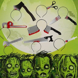 Halloween bloody headband set with realistic prop axe, knife and syringe for cosplay decor