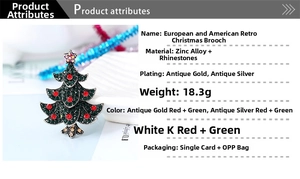 Detail view of vintage Christmas tree brooch with red and green rhinestones and weight info