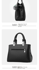 Detail view showing the side and back of a black pebble leather handbag with a plush charm