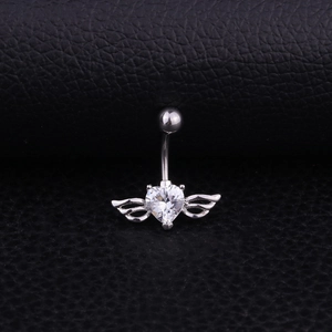 Surgical steel belly ring with heart-shaped zircon and silver wing design on black leather