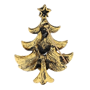 Detailed back view of vintage gold Christmas tree brooch with safety pin fastener