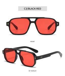 Detailed front and side views of vintage square sunglasses with black frame and red lenses