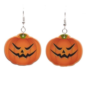 Close-up of Halloween pumpkin earrings with orange Jack-o'-lantern design and green stems
