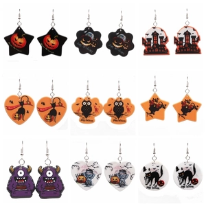 Lot de neuf boucles d'oreilles d'Halloween avec motifs citrouille et chat noir sur blanc