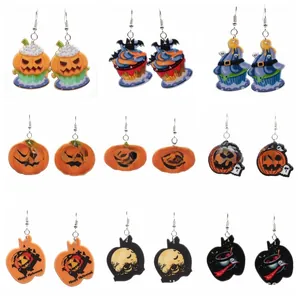 Detailed grid showing nine pairs of acrylic Halloween earrings with festive patterns