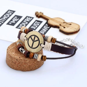 Retro multi-layer leather bracelet with wooden beads and brass peace symbol charm
