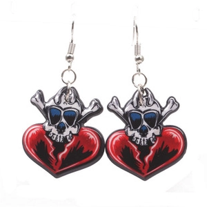 Detail view of Halloween ghost heart earrings with red enamel and white skull motif