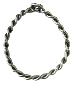 Macro detail of a flexible silver metal twisted rope necklace with a flexible design
