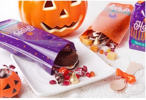 Halloween purple and orange cookie bags with Trick or Treat print for festive snacks
