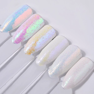 White iridescent nail glitter powder set with 6 different aurora chrome polar colors