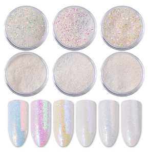 Detail showing 6-color set of iridescent white nail glitter powder and sample swatches