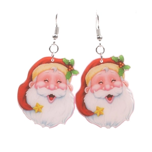 Cute Santa Claus acrylic earrings with festive red and white details on white background