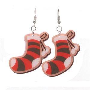 Detailed view of cartoon Christmas stocking earrings with red and black stripes