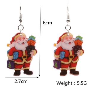Detailed view of Santa Claus acrylic earrings with dimensions 6cm by 2.7cm and 5.5g weight