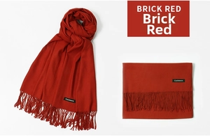 Detailed view of brick red cashmere scarf with classic fringe tassels on white background
