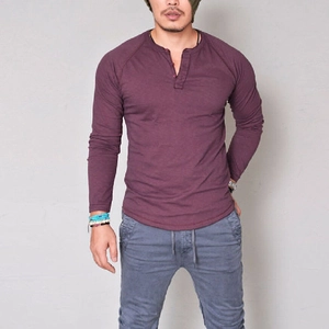Slim fit men's long sleeve Henley t-shirt in purple cotton with buttoned crew neck