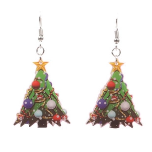 Detail of Christmas tree earrings with colorful ornaments and silver hooks on white background