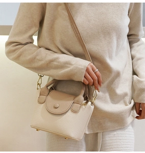 Detail van beige lederen handtas met lychee-patroon en goudkleurige metalen gespen