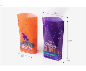 Size specifications for Halloween treat bags showing dimensions 14x20cm on plastic film